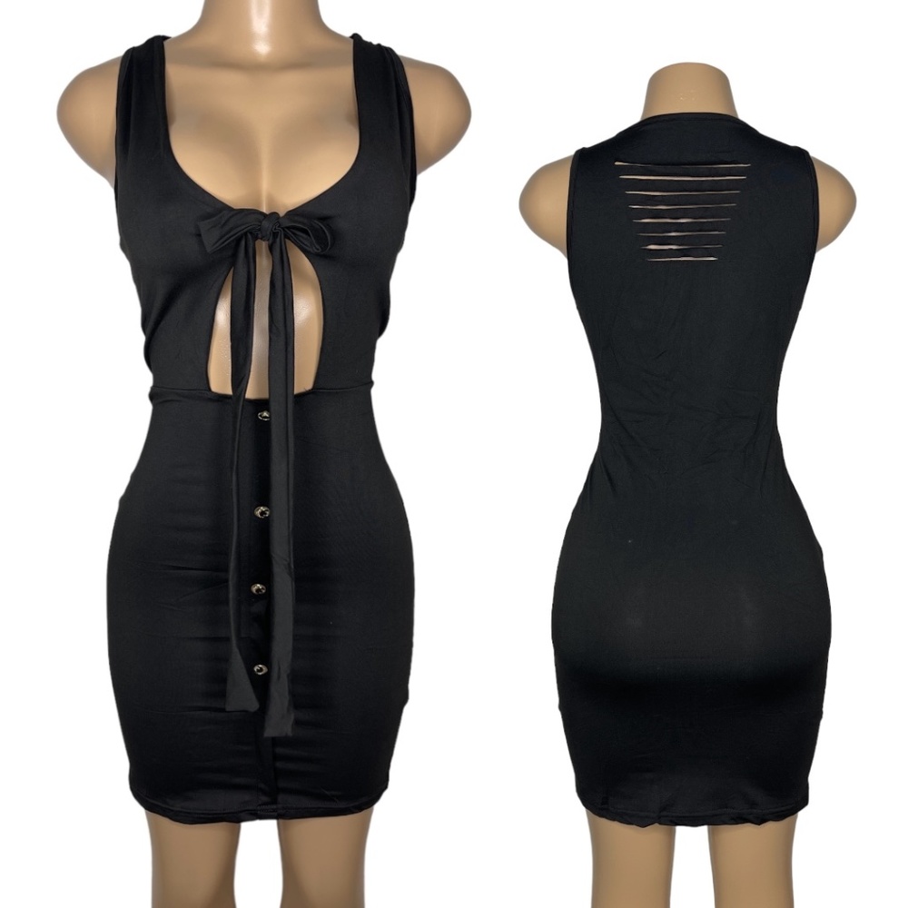 NWT Size M and L Stretchy Bodycom Black Dress Knot Front Slim Fit Women Dress